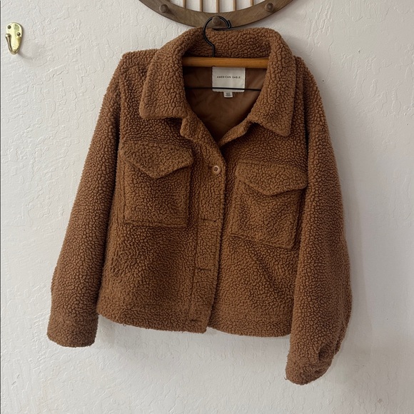 AE Sherpa Jacket Small American Eagle Brown Teddy Shacket S Tan Pocket Coat - Picture 2 of 7